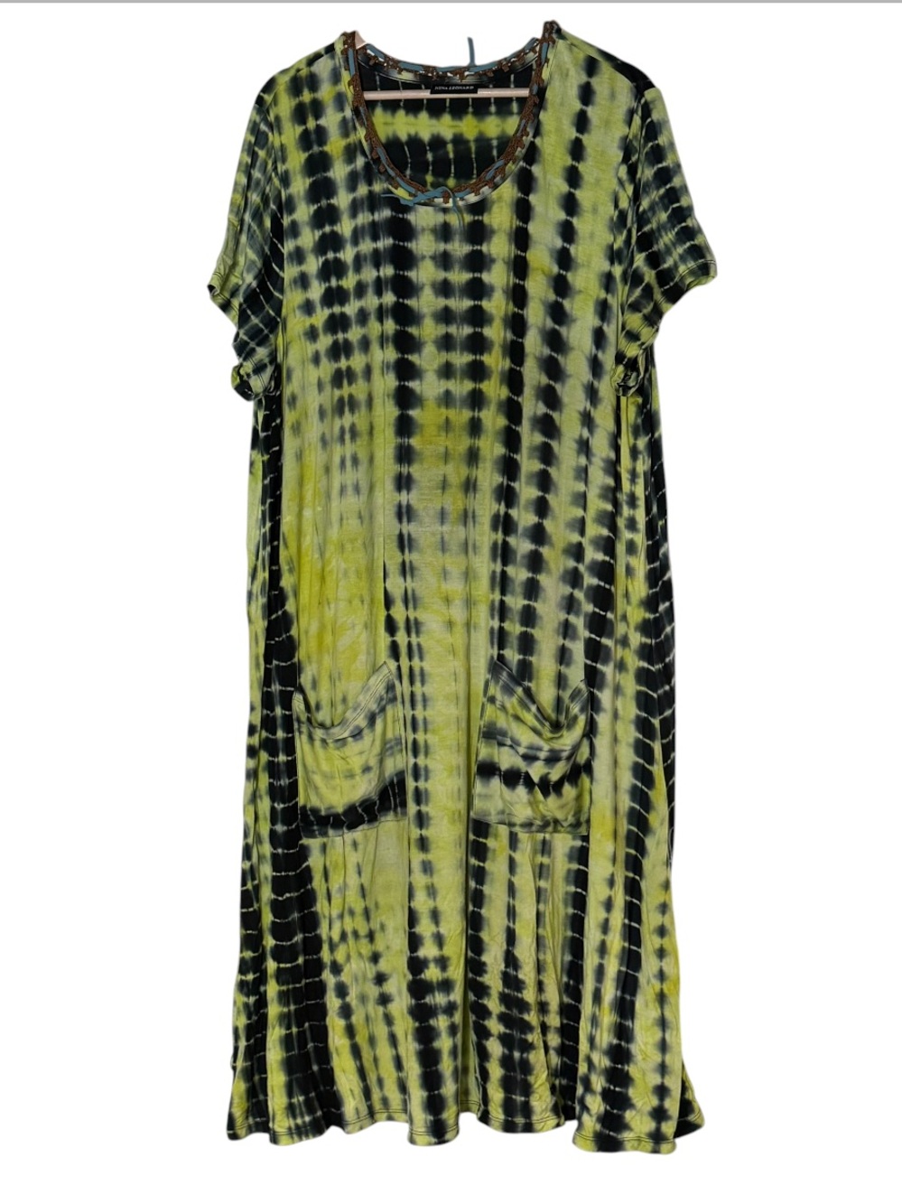 Nina Leonard Neon Yellow Black Tie Dye A-Line Shift Midi Dress 2X Pockets Boho